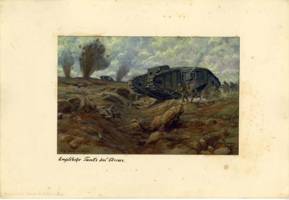 Agrandir l'image Max GEHLSEN, Tanks anglais avant Arras, 1917, aquarelle sur carton, rehauts de gouache, 15 x 22,5 cm