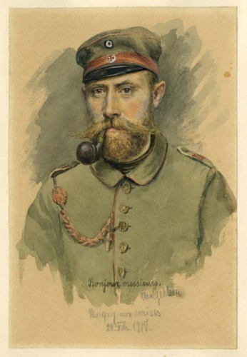 Agrandir l'image Max GEHLSEN, Bonjour messieurs, Margny-aux-cerises, 28 février 1915, aquarelle sur carton, 21 x 15 cm