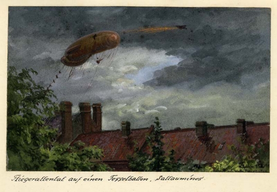 Agrandir l'image Max GEHLSEN, Sallaumines, Attentat aérien contre un ballon captif, 25 avril 1916, aquarelle sur carton, rehauts de gouache, 14,5 x 22,5 cm