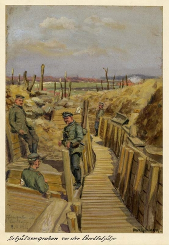 Agrandir l'image Max GEHLSEN, Tranchée de tir devant la colline de Lorette, 8 avril 1916, aquarelle sur carton, rehauts de gouache, 22,5 x 14,5 cm