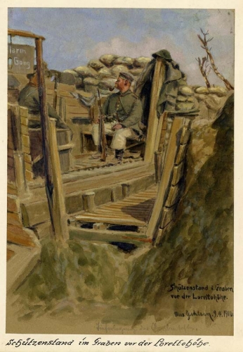 Agrandir l'image Max GEHLSEN, Poste de tir dans la tranchée devant la colline de Lorette, 9 avril 1916, aquarelle sur carton, rehauts de gouache, 22,5 x 14,5 cm