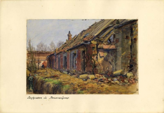 Agrandir l'image Max GEHLSEN, Tranchée à Beuvraignes, 22 mars 1915, aquarelle sur carton, rehauts de gouache, 16,5 x 24,5 cm