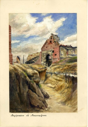 Agrandir l'image Max GEHLSEN, Tranchées à Beuvraignes, 1915, aquarelle sur carton, rehauts de gouache, 28 x 19,5 cm