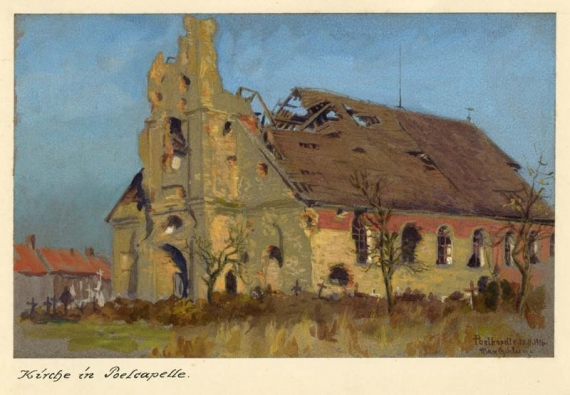 Agrandir l'image Max GEHLSEN, Eglise à Poelkapelle, 13 novembre 1916, aquarelle sur carton, rehauts de gouache, 14,5 x 22 cm