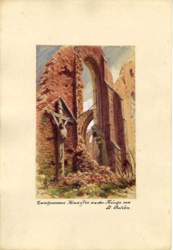 Agrandir l'image Max GEHLSEN, Crucifix abattu à l'église de Saint-Julien, vers novembre 1916, aquarelle sur carton, 22 x 14,5 cm