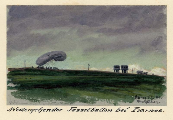Enlarge Image Max GEHLSEN, Descent of a balloon close to Harnes, 8 February 1916, watercolour on cardboard, gouache highlights, 9.5 x 13 cm