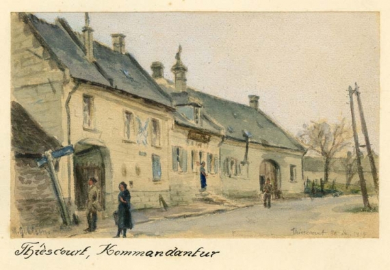 Agrandir l'image Max GEHLSEN, Thiescourt. Kommandantur, 30 décembre 1914, aquarelle sur carton, rehauts de gouache, 10,5 x 17 cm