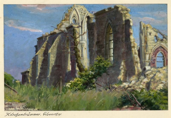 Agrandir l'image Max GEHLSEN, Givenchy. Décombres de l'église, 18 juin 1916, aquarelle sur carton, rehauts de gouache, 14,5 x 22 cm