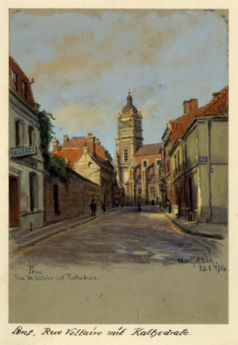 Agrandir l'image Max GEHLSEN, Lens Rue Voltaire avec la cathédrale, 20 janvier 1916, aquarelle sur carton, 36 x 25 cm
