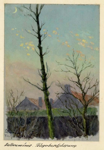 Bild vergrößern Max GEHLSEN, Sallaumines. Luftangriff, 9. Januar 1916, Aquarell auf Karton, Höhungen in Gouache, 20 x 13,5 cm