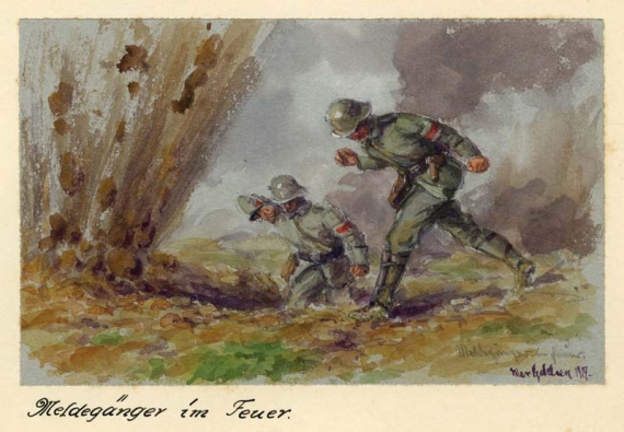 Agrandir l'image Max GEHLSEN, Agents de liaison sous le feu, 1917, aquarelle sur carton, rehauts de gouache, 11 x 16 cm