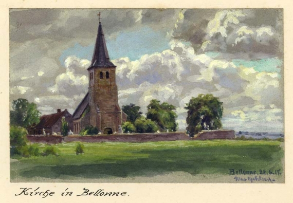 Agrandir l'image Max GEHLSEN, Eglise à Bellonne, 22 juin 1917, aquarelle sur carton, 11 x 16 cm