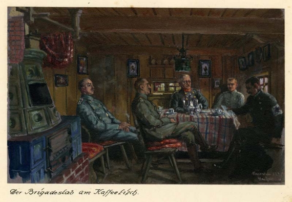Agrandir l'image Max GEHLSEN,  Les officiers de la brigade au café, gouache sur carton, 14,5  x 22,5 cm