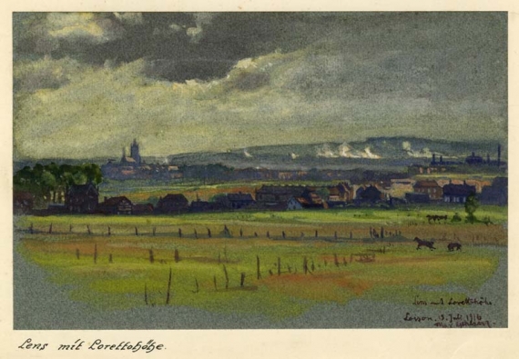 Agrandir l'image Max GEHLSEN, Lens et la colline de Lorette, Loison, 15 juillet 1916, aquarelle sur carton, rehauts de gouache,  14,5 x 22,5 cm
