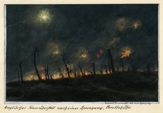 Foto vergroten Max GEHLSEN, Heuvel van Lorette. Engelse aanval na een explosie, 1916, waterverf op karton, 15 x 22,5 cm