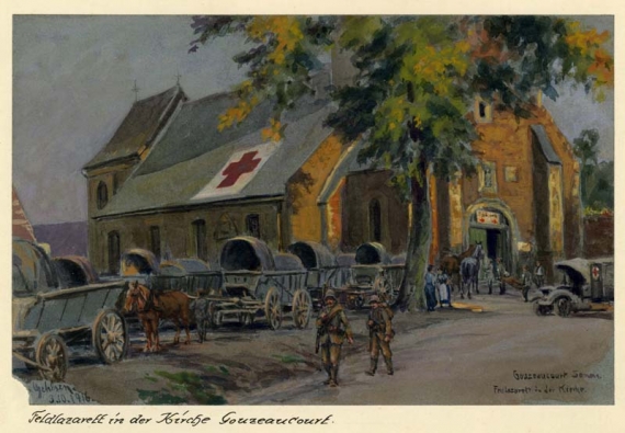 Agrandir l'image Max GEHLSEN, Somme. Gouzeaucourt. Hôpital de campagne dans l'église, 30 janvier 1916, aquarelle sur carton, rehauts de gouache, 14,5 x 22,5 cm