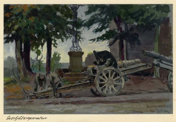 Agrandir l'image Max GEHLSEN, Somme. Gouzeaucourt. Réparation de l'artillerie, 09 octobre 1916, aquarelle sur carton, 14,5 x 22,5 cm