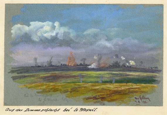 Foto vergroten Max GEHLSEN, Veldslag bij de Somme dichtbij Mesnil-en-Arrouaise7 oktober 1916, aquarel op karton, hoogsel in waterverf, 14,5 x 22,5 cm