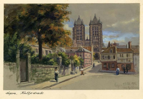 Agrandir l'image Max GEHLSEN, Noyon. Cathédrale, 27 mai 1915, aquarelle, gouache sur carton, 14 x 21 cm