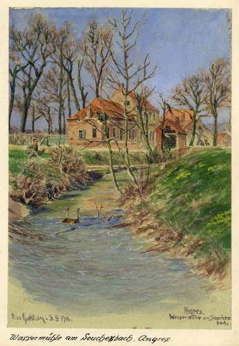 Foto vergroten Max GEHLSEN, Angres. Watermolen op een beekje bij Souchez, 3 april 1916, waterverf op karton, 22,5 x 14,5 cm