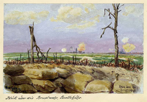 Bild vergrößern Max GEHLSEN, Lorette. Blick über den Wall, 27. April 1916, Aquarell auf Karton, 14,5 x 22,5 cm