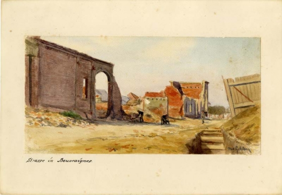 Agrandir l'image Max GEHLSEN, Rue à Beuvraignes, 21 mars 1915, aquarelle sur carton, 15 x 30 cm