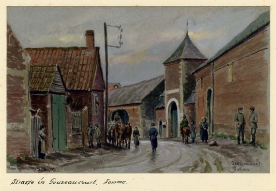 Agrandir l'image Max GEHLSEN, Somme. Rue à Gouzeaucourt, 05 octobre 1916, aquarelle sur carton, 14,5 x 22 cm