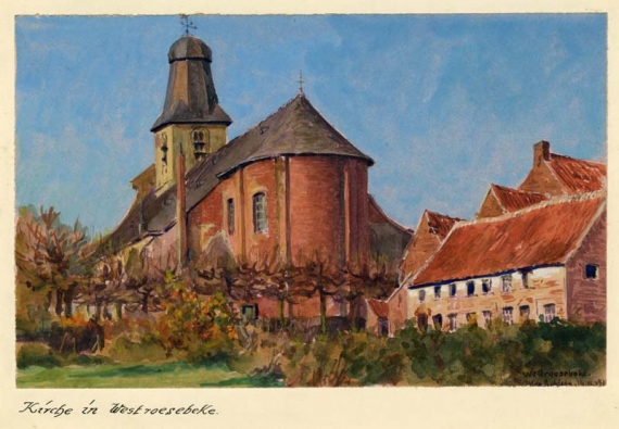 Agrandir l'image Max Gehlsen, Eglise à Westrozebeke, 16 novembre 1916, aquarelle sur carton, 14,5 x 22 cm